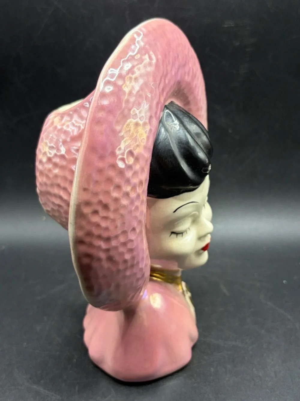 Vintage MCM Hand Painted Lusterware Pink Hat Lady Head Vase Ceramic Wall Pocket